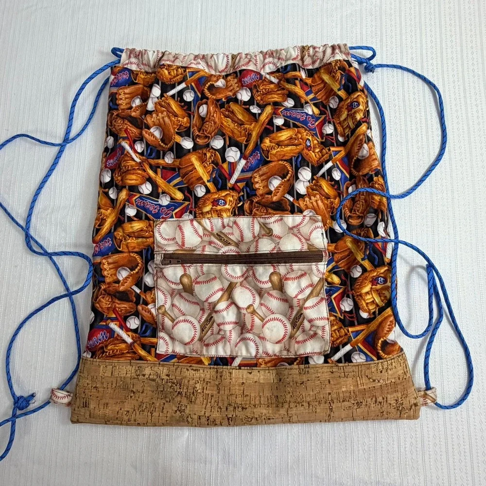 Handmade‎ Womens Baseball Mom Print Drawstring Backpack Cork Detail Sporty Game